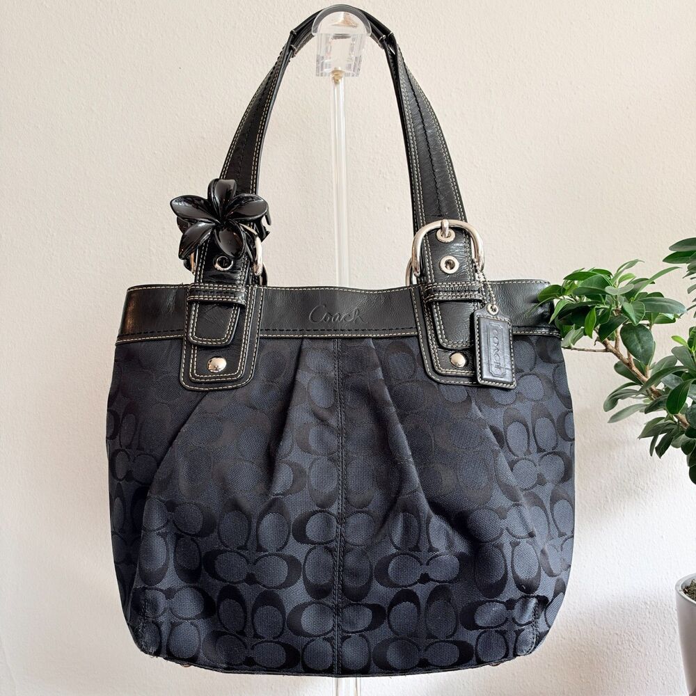 Coach F15047 Black Signature Pleated Tote Y2K Jacquard Leather Shoulder Bag